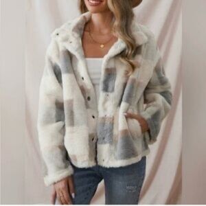 NWOT | ACOA | Teddy Jacket XS Super Soft Cream Gray Coat Jacket
